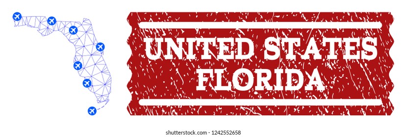 Air ticket composition of polygonal mesh map of Florida State and scratched stamp. Vector red watermark with scratched rubber texture for airtickets. Abstract blue mesh lines,