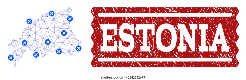 Air ticket composition of polygonal mesh map of Estonia and corroded stamp seal. Vector red watermark with corroded rubber texture for airtickets. Abstract blue mesh lines,