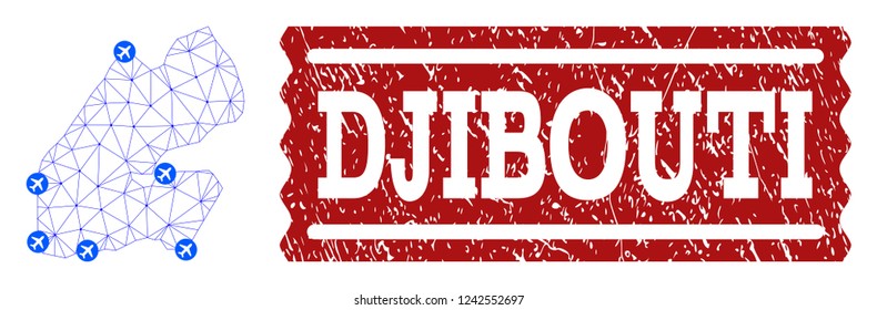 Air ticket composition of polygonal mesh map of Djibouti and unclean stamp seal. Vector red seal with unclean rubber texture for airtickets. Abstract blue mesh lines,
