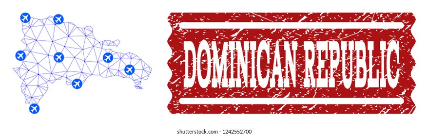 Air ticket composition of polygonal mesh map of Dominican Republic and corroded stamp seal. Vector red seal with corroded rubber texture for airtickets. Abstract blue mesh lines,
