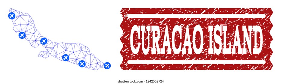 Air ticket composition of polygonal mesh map of Curacao Island and rubber stamp seal. Vector red seal with distress rubber texture for airtickets. Abstract blue mesh lines,