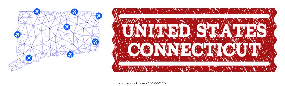 Air ticket composition of polygonal mesh map of Connecticut State and textured seal. Vector red seal with distress rubber texture for airtickets. Abstract blue mesh lines,