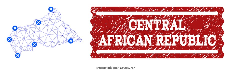 Air ticket composition of polygonal mesh map of Central African Republic and grunge stamp seal. Vector red seal with grunge rubber texture for airtickets. Abstract blue mesh lines,