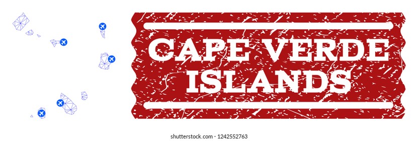 Air ticket composition of polygonal mesh map of Cape Verde Islands and rubber stamp seal. Vector red imprint with scratched rubber texture for airtickets. Abstract blue mesh lines,