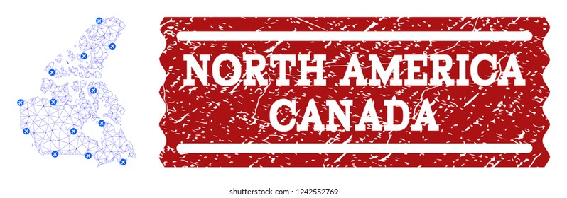Air ticket composition of polygonal mesh map of Canada and grunge stamp seal. Vector red seal with grunge rubber texture for airtickets. Abstract blue mesh lines,