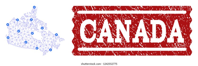 Air ticket composition of polygonal mesh map of Canada and rubber stamp seal. Vector red watermark with unclean rubber texture for airtickets. Abstract blue mesh lines,