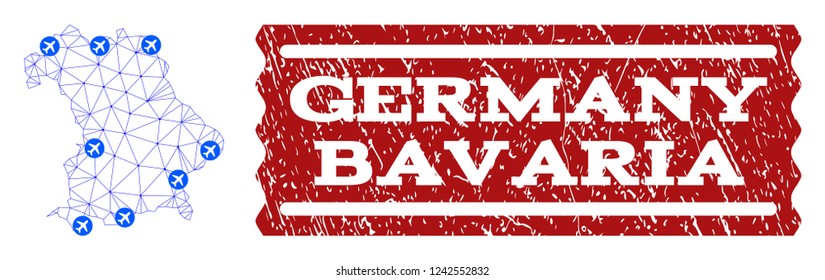 Air ticket composition of polygonal mesh map of Bavaria State and rubber stamp seal. Vector red imprint with distress rubber texture for airtickets. Abstract blue mesh lines,