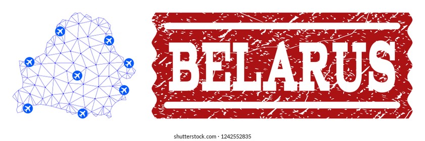 Air ticket composition of polygonal mesh map of Belarus and rubber seal. Vector red seal with scratched rubber texture for airtickets. Abstract blue mesh lines,