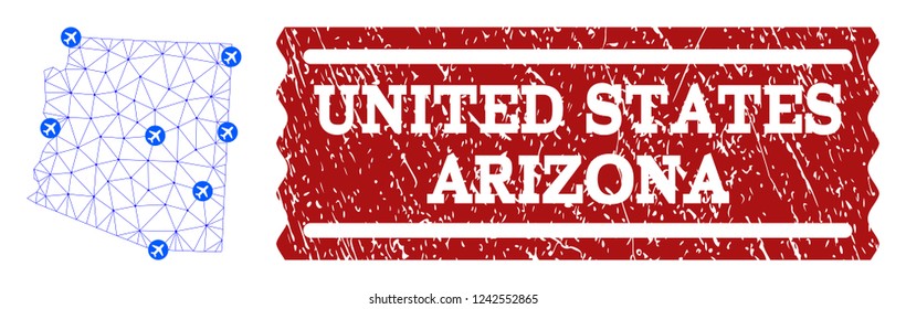 Air ticket composition of polygonal mesh map of Arizona State and rubber stamp seal. Vector red seal with corroded rubber texture for airtickets. Abstract blue mesh lines,