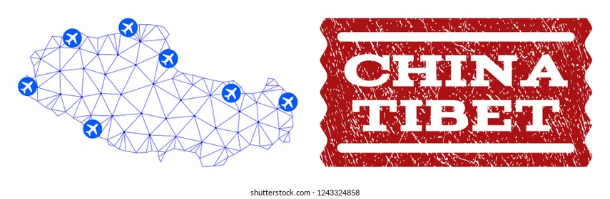 Air ticket composition of polygonal mesh map of Tibet and rubber seal. Vector red seal with scratched rubber texture for airtickets. Abstract blue mesh lines, airports and points with map of Tibet.