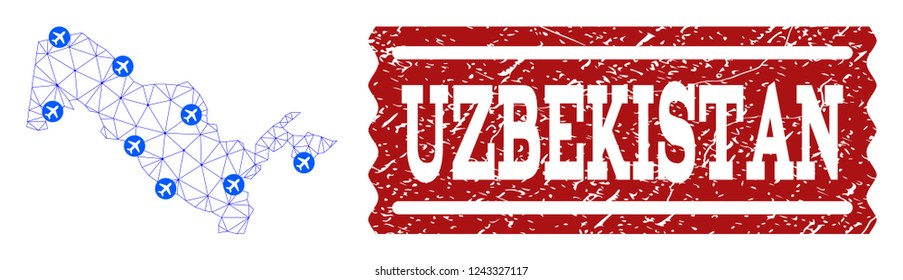 Air ticket composition of polygonal mesh map of Uzbekistan and grunge stamp seal. Vector red seal with grunge rubber texture for airtickets. Abstract blue mesh lines,