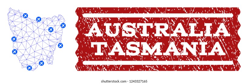 Air ticket composition of polygonal mesh map of Tasmania Island and unclean seal. Vector red seal with unclean rubber texture for airtickets. Abstract blue mesh lines,