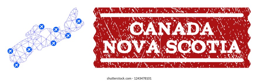 Air ticket composition of polygonal mesh map of Nova Scotia Province and scratched stamp seal. Vector red imprint with scratched rubber texture for airtickets. Abstract blue mesh lines,