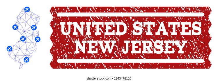 Air ticket composition of polygonal mesh map of New Jersey State and unclean seal. Vector red seal with unclean rubber texture for airtickets. Abstract blue mesh lines,
