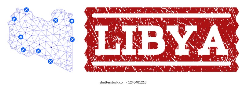 Air ticket composition of polygonal mesh map of Libya and grunge seal. Vector red seal with grunge rubber texture for airtickets. Abstract blue mesh lines, airports and points with map of Libya.