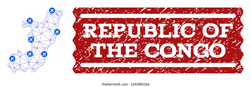 Air ticket composition of polygonal mesh map of Republic of the Congo and rubber seal. Vector red seal with corroded rubber texture for airtickets. Abstract blue mesh lines,