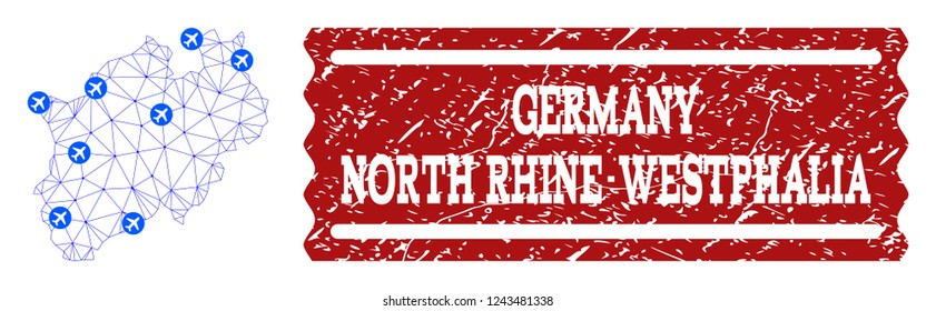 Air ticket composition of polygonal mesh map of North Rhine-Westphalia State and rubber seal. Vector red seal with grunge rubber texture for airtickets. Abstract blue mesh lines,