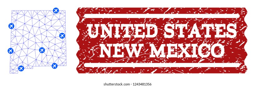 Air ticket composition of polygonal mesh map of New Mexico State and corroded seal. Vector red seal with unclean rubber texture for airtickets. Abstract blue mesh lines,