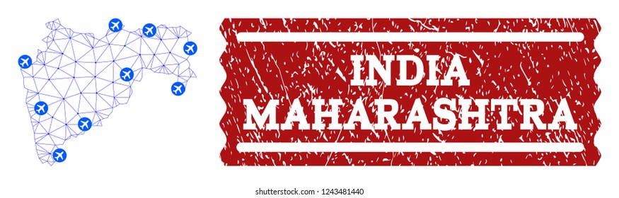 Air ticket composition of polygonal mesh map of Maharashtra State and rubber stamp seal. Vector red seal with scratched rubber texture for airtickets. Abstract blue mesh lines,