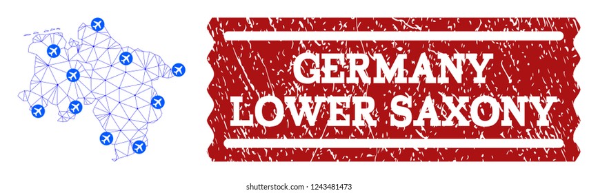 Air ticket composition of polygonal mesh map of Lower Saxony State and corroded stamp. Vector red watermark with corroded rubber texture for airtickets. Abstract blue mesh lines,