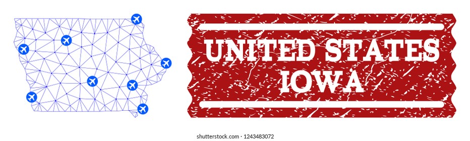 Air ticket composition of polygonal mesh map of Iowa State and rubber seal. Vector red imprint with unclean rubber texture for airtickets. Abstract blue mesh lines,