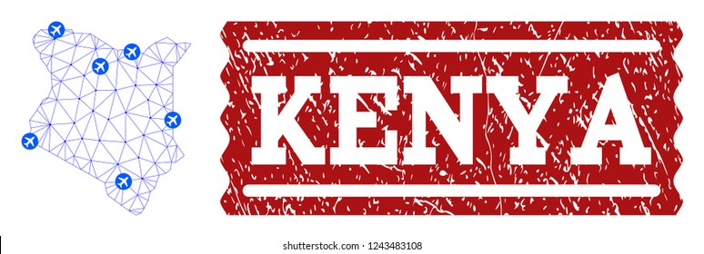 Air ticket composition of polygonal mesh map of Kenya and scratched seal. Vector red seal with scratched rubber texture for airtickets. Abstract blue mesh lines, airports and points with map of Kenya.