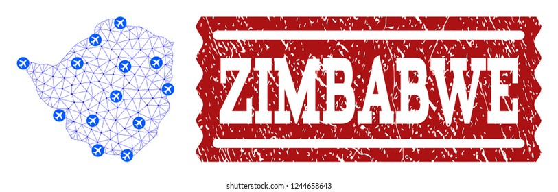 Air ticket composition of polygonal mesh map of Zimbabwe and corroded stamp seal. Vector red seal with corroded rubber texture for airtickets. Abstract blue mesh lines,