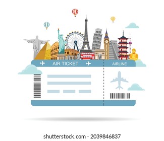 Air Ticket with famous Landmark around the world. flight plane travel and tourism. Journey Trip concept. It’s Time to Travel. vector illustration in flat style modern design. 