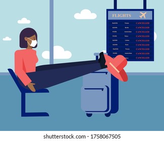 Air ticket, flight cancelled. Girl in a mask at the airport waiting for her flight,girl in a mask at the airport,
cancellation of flights due to the epidemic, a tourist in a mask.