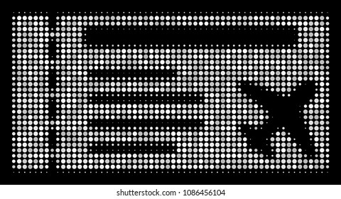 Air ticket halftone vector pictogram. Illustration style is dotted iconic air ticket icon symbol on a black background. Halftone pattern is sphere blots.