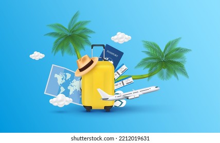 Air ticket, hat on luggage yellow, coconut tree and passport. Airplane is float away with cloud on blue background. For banner making ad media about tourism. Travel transport concept. 3D Vector EPS10.