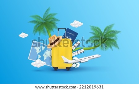 Air ticket, hat on luggage yellow, coconut tree and passport. Airplane is float away with cloud on blue background. For banner making ad media about tourism. Travel transport concept. 3D Vector EPS10.