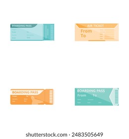 Air ticket icons set cartoon vector. Boarding pass for traveling by plane. Fly, travel concept