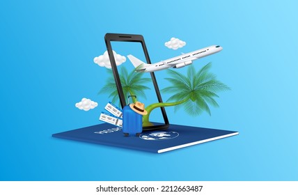 Air ticket, luggage blue, hat coconut tree on passport. Airplane is float away from smartphone with cloud. Can for making advertising media about tourism. Travel transport concept. 3D Vector EPS10.