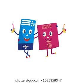 Air ticket and passport cartoon characters happy and satisfied embrace and drink cocktails isolated on white background. Vector illustration of documents for traveling ready for flight.