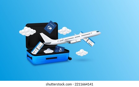 Air ticket, passport float away from luggage blue with airplane is taking off and cloud. Can for making advertising media about tourism. Travel transport concept. 3D Vector EPS10.