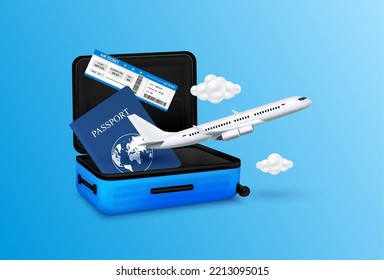 Air ticket, passport float away from luggage blue with airplane is taking off and cloud. Can for making advertising media about tourism. Travel transport concept. 3D Vector EPS10.