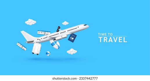 Air ticket, passport float away from with airplane is taking off and cloud, rubber ring volleyball on a blue background. For media tourism ads design. Holiday travel summer. 3D Vector EPS10.