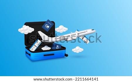 Air ticket, passport float away from luggage blue with airplane is taking off and cloud. Can for making advertising media about tourism. Travel transport concept. 3D Vector EPS10.