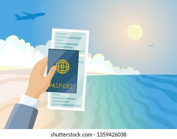 Air ticket and passport in hand, Summer paradise beach, vacation concept, vector illustration.