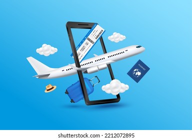 Pasaporte aéreo: el equipaje azul flote lejos del smartphone con el avión despegando y la nube. Pueden por hacer medios publicitarios sobre turismo. Concepto de transporte de viajes. EPS10 vectores 3D.