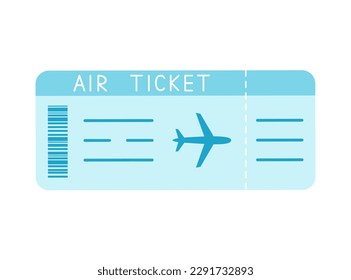 Air ticket in simple style isolated on white background. Blue boarding pass with bar code and airplane silhouette. Travel concept vector flat illustration