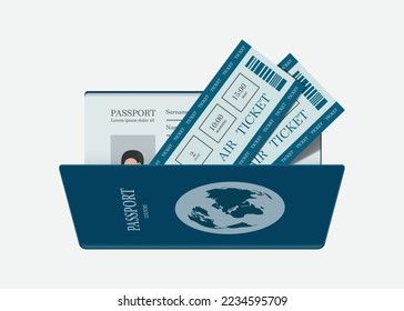 Air ticket template is inserted into and placed on the profile page of the blue passport book,vector 3d isolated on white background for international travel concept design