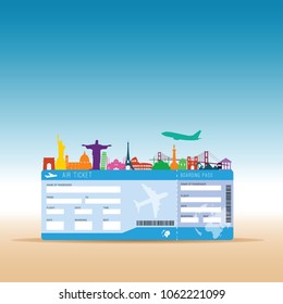 air ticket with travel item illustration in colorful