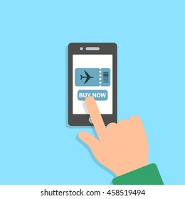 Air ticket vector concept illustration. Person buys a plane ticket. The hand presses on the phone