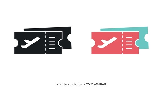 Air tickets icon set in black and colored