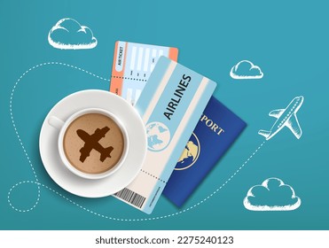 Air tickets with a passport and a cup of coffee against the background of sketched clouds and a flying plane. Vector travel illustration