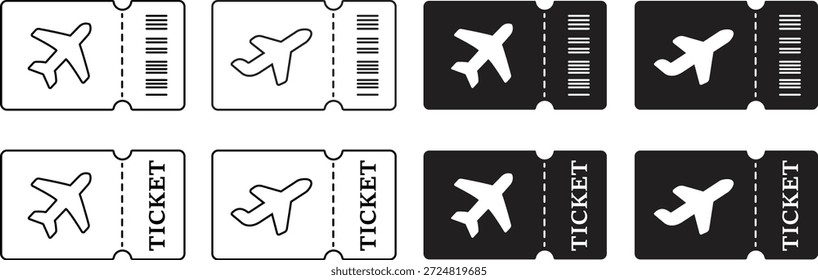 Ícone de vetor de tíquetes aéreos definido. Pilha de passagens aéreas modernas com ícone de avião para conceitos de viagem e transporte. Cartão de embarque e cartazes de bilhetes de voo isolados em fundo transparente.
