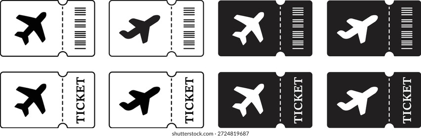 Ícone de vetor de tíquetes aéreos definido. Pilha de passagens aéreas modernas com ícone de avião para conceitos de viagem e transporte. Cartão de embarque e cartazes de bilhetes de voo isolados em fundo transparente.