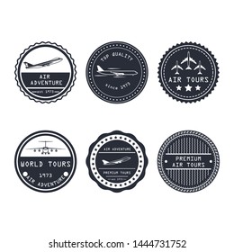 Air tour vector badge aircraft travel business design. Tourism journey symbol trip label. Vacation emblem aviation airline adventure sticker. Set simple logo